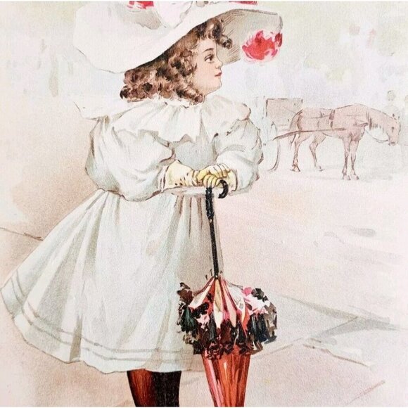 1898 Victorian Lithograph Beautiful Girl White Dress Hat Umbrella Horses DWMM4 - Picture 1 of 2